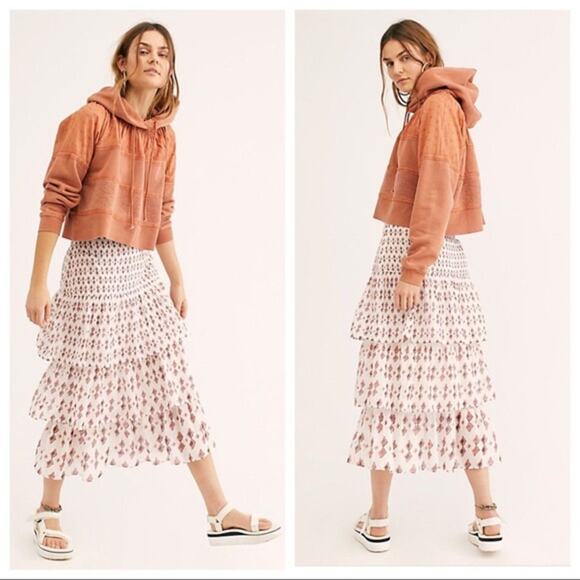 FREE PEOPLE Womens Cha Cha Tiered Cotton Midi Patterned Printed Skirt Size 0 - Picture 1 of 9